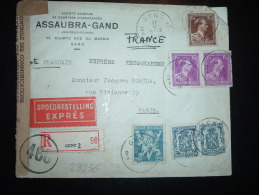 LR EXPRES POUR FRANCE TP 3F25 + 1F50 X2 + 50C X2 + 25C OBL. 17 V 1945 GENT + CENSURE + ASSAUBRA GAND - Lettres & Documents