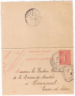 10c SEMEUSE LIGNEE SUR CARTE LETTRE DOUBLE OBL. ANGERVILLIERS ET LIMOURS EN HUREPOIX 1907 POUR BONNEVAL - Kaartbrieven