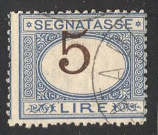 ITALIA - ITALY - REGNO SEGNATASSE 5 LIRE AZZURRO E BRUNO  -  Fortem.spostata ALTO -  Annullato -  1870-1874 - Postage Due
