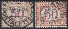 ITALIA - ITALY - REGNO SEGNATASSE 50 C OCRE E CARMINO - ERRORE - Cifra DOPPIA  -  Annullato -  1870-1874 - Postage Due