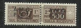 TRIESTE A 1947 1948 AMG-FTT SOPRASTAMPATO D'ITALIA ITALY OVERPRINTED PACCHI POSTALI PARCEL POST LIRE500 MNH BEN CENTRATO - Pacchi Postali/in Concessione