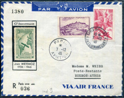 FRANCE - N° 759 + PA 17 / LR AVION DE PARIS LE 7/12/1946, 10éme ANNIVERSAIRE DISPARITION MERMOZ, AVEC VIGNETTE - SUP - Primi Voli