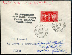 FRANCE - N° 849 / LETTRE AVION D'AVON LE 27/2/1950, 20éme ANNIVERSAIRE LIAISON AERIENNE PARIS SAIGON - TB - Premiers Vols