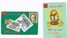 ALBANIA - TELEKOMI SHQIPTAR CHIP - 85^ ANN. PTT: FRANCOBOLLI E TELEFONO (STAMPS & TELEPHONE)200 ISSUE 1997  - RIF.8149 - Francobolli & Monete