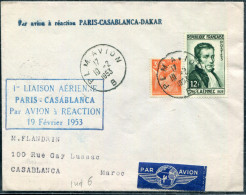 FRANCE - N° 655 + 936 / LETTRE AVION DE PARIS LE 19/2/1953, 1ére LIAISON PARIS CASABLANCA PAR AVION A REACTION - SUP - Primi Voli