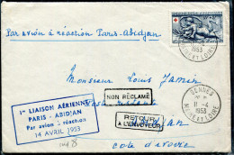 FRANCE - N° 938 / LETTRE AVION DE GENNES LE 11/4/1953, 1ére LIAISON PARIS ABIDJAN PAR AVION A REACTION - SUP - Eerste Vluchten