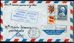 FRANCE - N° 901 + 902 + 940 / LETTRE AVION DE MONTPELLIER 4/5/1953, 1ére LIAISON DE NUIT MONTPELLIER PARIS - TB - Primi Voli