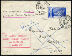 FRANCE - N° 1094 / LETTRE AVION DE GENNES 13/4/1957, 1ére LIAISON PARIS MILAN NAPLES - TB - Premiers Vols