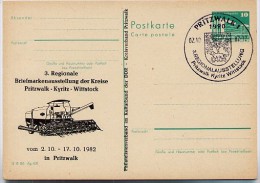 DDR P84-3-82 C3 Postkarte Zudruck MÄHDRESCHER Pritzwalk Sost. Wappen 1982 - Cartes Postales Privées - Oblitérées