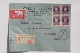 Monaco - Devant Lettre Recommandé 1937 Monte-Carlo --> St Etienne, Affr. 2 F 15 YT 116 Bloc De Quatre Et 119 - Briefe U. Dokumente