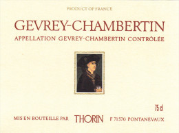 Etiquette Vin - BOURGOGNE / GEVREY-CHAMBERTIN - THORIN - 71 - PONTANEVAUX - Bourgogne