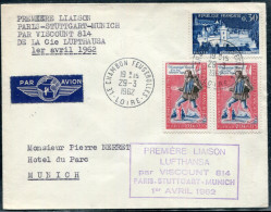 FRANCE - N° 1332 (2) + 1333 / LETTRE AVION DE LA LOIRE 29/3/1962, 1ére LIAISON VISCOUNT 814 PARIS STUTTGART MUNICH - TB - Eerste Vluchten