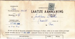 1027 - Drukwerk - Afst. Helchteren 1958 - Gemeentebelastingen "LAATSTE AANMANING" Huisvuil Peer - Lettres & Documents