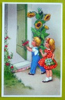 CPA Litho Illustrateur Sim Coloprint Enfant Enfants Bouquet Fleurs Roses Et Tournesol  +- 1950 - Sim