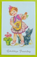 Litho Illustrateur Fille Fillette Et Chien Noir SCOTTISH  Jouant Banjo Guitare Pot Geranium +- 1950 - Humorous Cards