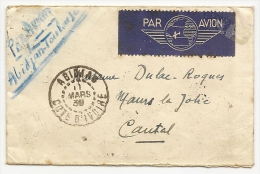 Petite Lettre Carte De Visite Au Depart D´Abidjan Pour Le Cantal  Affranchi A 3 Francs 40 Cts  Avec 4 Timbres - Briefe U. Dokumente