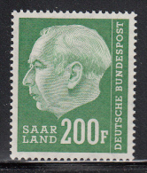 Saar MH Scott #307 200fr Pres. Theodor Heuss - Unused Stamps