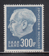 Saar MH Scott #308 300fr Pres. Theodor Heuss - Unused Stamps