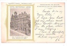 LEEDS HOTEL METROPOLE ADVERT ADVERTISING POSTCARD 1907 FOR RAILWAY LINES GN  L &Y LNW - Otros & Sin Clasificación