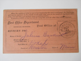 Post Office Department / Official Business For A Registered Letter. 1881 Boscobel Wisconsin. Registry Return Receipt - Oficial