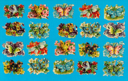 LOT 20 VICTORIAN SCRAPS, BUTTERFLY ON FLOWERS , DECOUPIS  ANCIENS, FLEURS, PAPILLON, EX Cond. Ca 4 X 3 Cm - Fiori