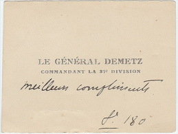 Carte De Visite Du Général Demetz Commandant  La 37ème Division - Cartes De Visite