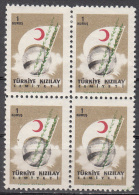 Turkey  Scott No.  RA208      Unused Hinged     Year  1957  Double Ompression Of Green Staff --block Of Four - Ungebraucht