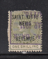 St. Christopher Used Scott #AR6 1sh Victoria Overprint Saint Kitts Nevis Revenue - Fiscal Cancel Needs Soaking - St.Christopher, Nevis En Anguilla (...-1980)