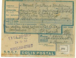 Récépissé D'un Colis Postal SNCF Sud Ouest  24/09/1954 De  Monrtréjeau - Other & Unclassified