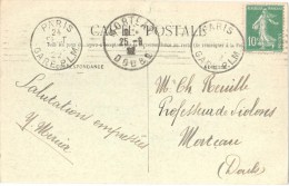 2833 PARIS  GARE P.L.M.  Oblitération Krag Dreyfus C5301 Semeuse 10 C Vert Yv 159 Ob 24 9 22 - Oblitérations Mécaniques (Autres)