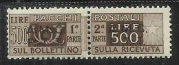 TRIESTE A 1947 1948 AMG-FTT SOPRASTAMPATO D'ITALIA ITALY OVERPRINTED PACCHI POSTALI PARCEL POST LIRE 500 MNH - Postpaketen/concessie