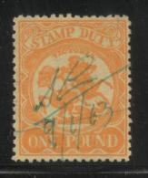 AUSTRALIA VICTORIA STAMP DUTY REVENUE 1909 £1 ORANGE ON YELLOW WMK UPRIGHT PERF 11 BF#98 - Fiscale Zegels