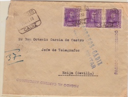 01916 Carta Certificada De Cadiz A Ecija-Sevilla  1938 Censura Milita - Marcas De Censura Nacional