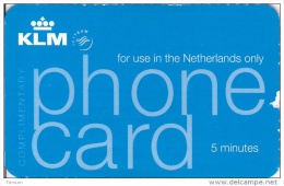 Netherlands, KLM, Airlines, Unused, 5 Minuttes Complimentary Card, 2 Scans. - Altri & Non Classificati