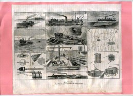 - LES TORPILLES . GRAVURE SUR BOIS DU XIXe S . DECOUPEE ET COLLEE SUR PAPIER . - Bateaux