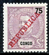 !										■■■■■ds■■ Congo 1911 AF#67 * Mouchon Ovptd "REPUBLICA" 75 Réis (x8918) - Congo Portoghese