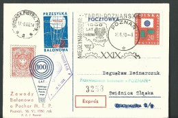 1960. REGISTERED POSTCARD, FREE BALLOON  POST  RACE, " BALON  POZNAN " - Ballonnen