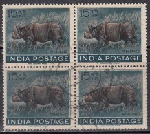 Used Block Of 4, Rhino, India Used 1962, Animal, - Rhinoceros