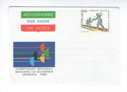 ITALIA ITALY  1980  COMMEMORATIVE AEROGRAMME  AIRMAIL CAMPIONATI MONDIALI GIOVANILI DI SCHERMA  SPORT FENCING - Airmail