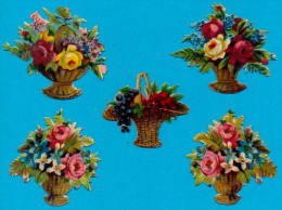 LOT 5 VICTORIAN SCRAP, BASKET OF FLOWERS, DECOUPIS  ANCIENS GAUFRE, PANIER AVEC FLEURS,, EX Cond, 5 X 4.5 Cm - Bloemen