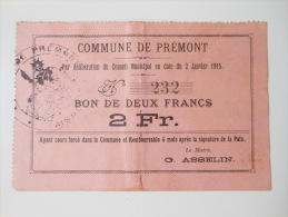 Aisne 02 Prémont , 1ère Guerre Mondiale 2 Francs 2-1-1915 R - Bons & Nécessité