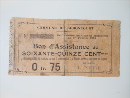 Aisne 02 Seboncourt , 1ère Guerre Mondiale 75 Centimes 1-2-1915 R - Bons & Nécessité