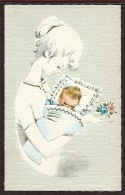 PETITE CP DOUBLE FAIRE-PART NAISSANCE GAUFRÉE / JEUNE MAMAN TIENT SON BÉBÉ DANS SES LANGES - Birth