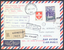 Air France 1960 Paris - Dakar - Abidjan Boeing 707 First Flight Registered Cover - First Flight Covers