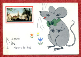 CPA  Fantaisie : NEUVY LE ROI  37 : Je Souris D´être à Neuvy : Dessin Souris + Photo De Neuvy : Colonne - Maisons - Neuvy-le-Roi