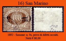 San-Marino-0016 - 1892-Sassone: N.9a, Privo Di Difetti Occulti. - Gebraucht