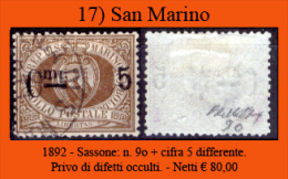 San-Marino-0017 - 1892-Sassone: N.9o "i" Capovolta, Più (cifra 5 Differente). Privo Di Difetti Occulti. - Gebraucht