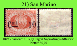 San-Marino-0021 - 1892-Sassone: N.10 (+) Hinged. Differente Tipo Di Soprastampa (non Nota). Privo Di Difetti Occulti. - Nuevos