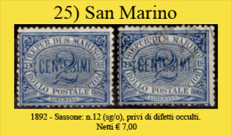 San-Marino-0025 - 1892-Sassone: N.12 (sg/o), Privi Di Difetti Occulti. - Ongebruikt