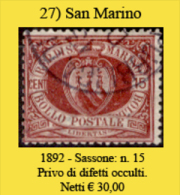 San-Marino-0027 - 1892-Sassone: N.15, Privo Di Difetti Occulti. - Oblitérés
